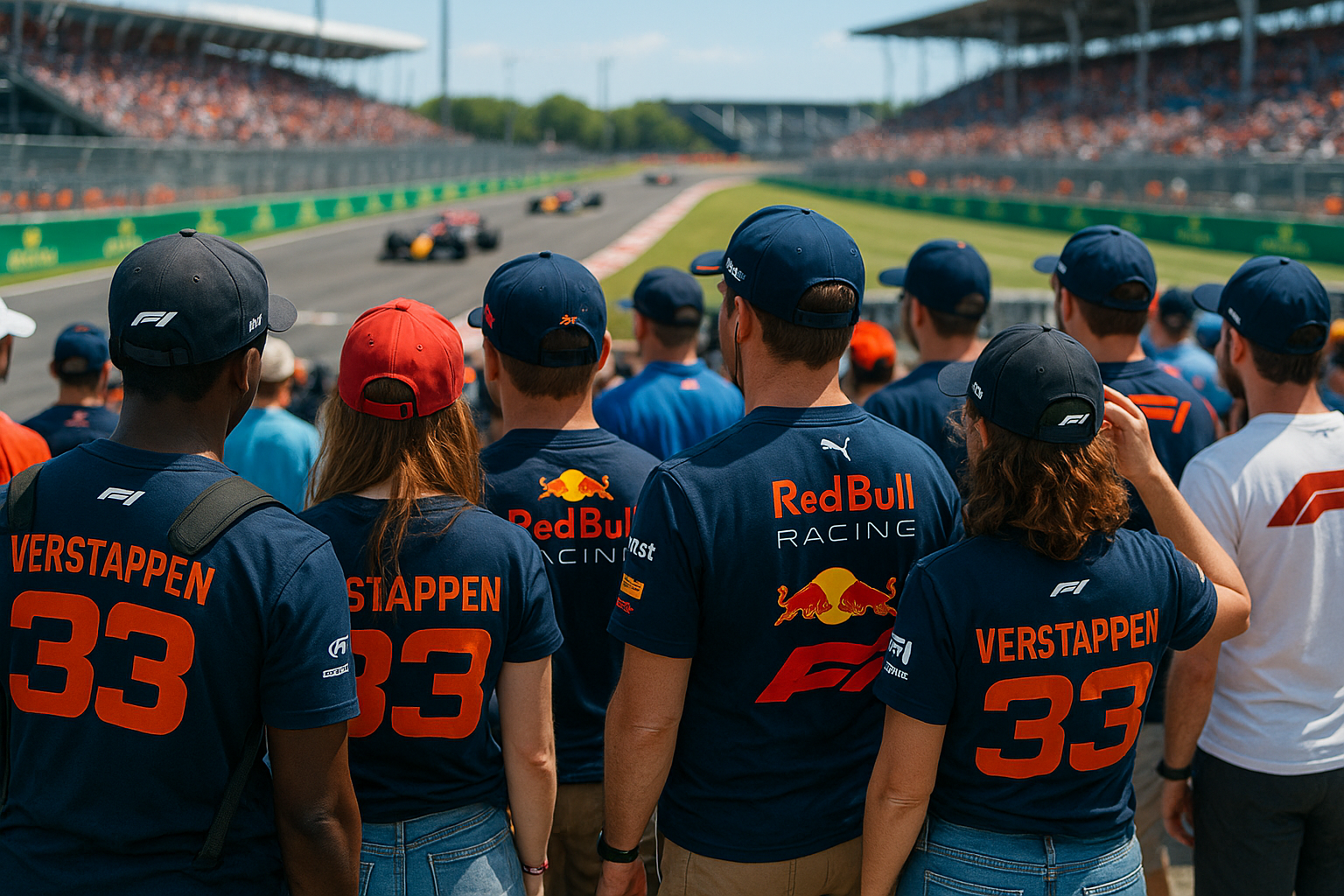 a bunch of people wearing formula 1 tees, verstappen, in the street or formula 1 track