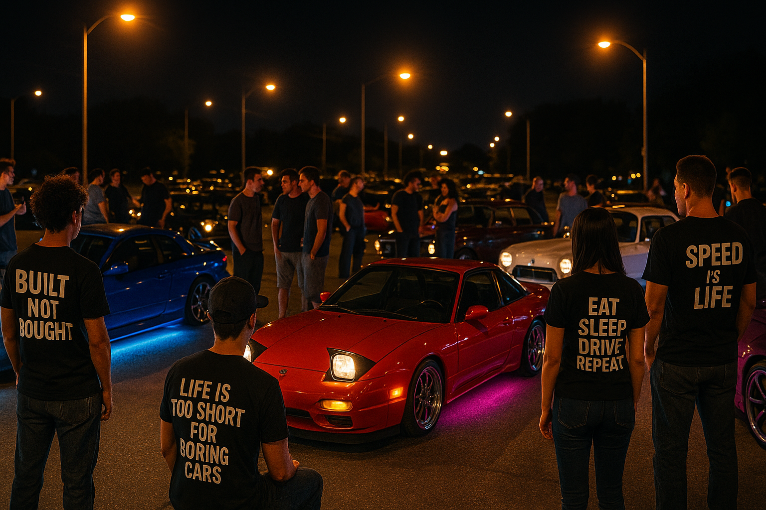a car meetup where all the peoples are wearing car quote or motivational quote tees at night